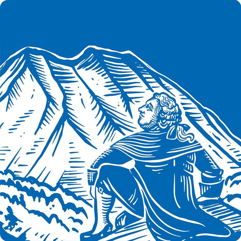 Drawing image of Hume who is looking at a mountain